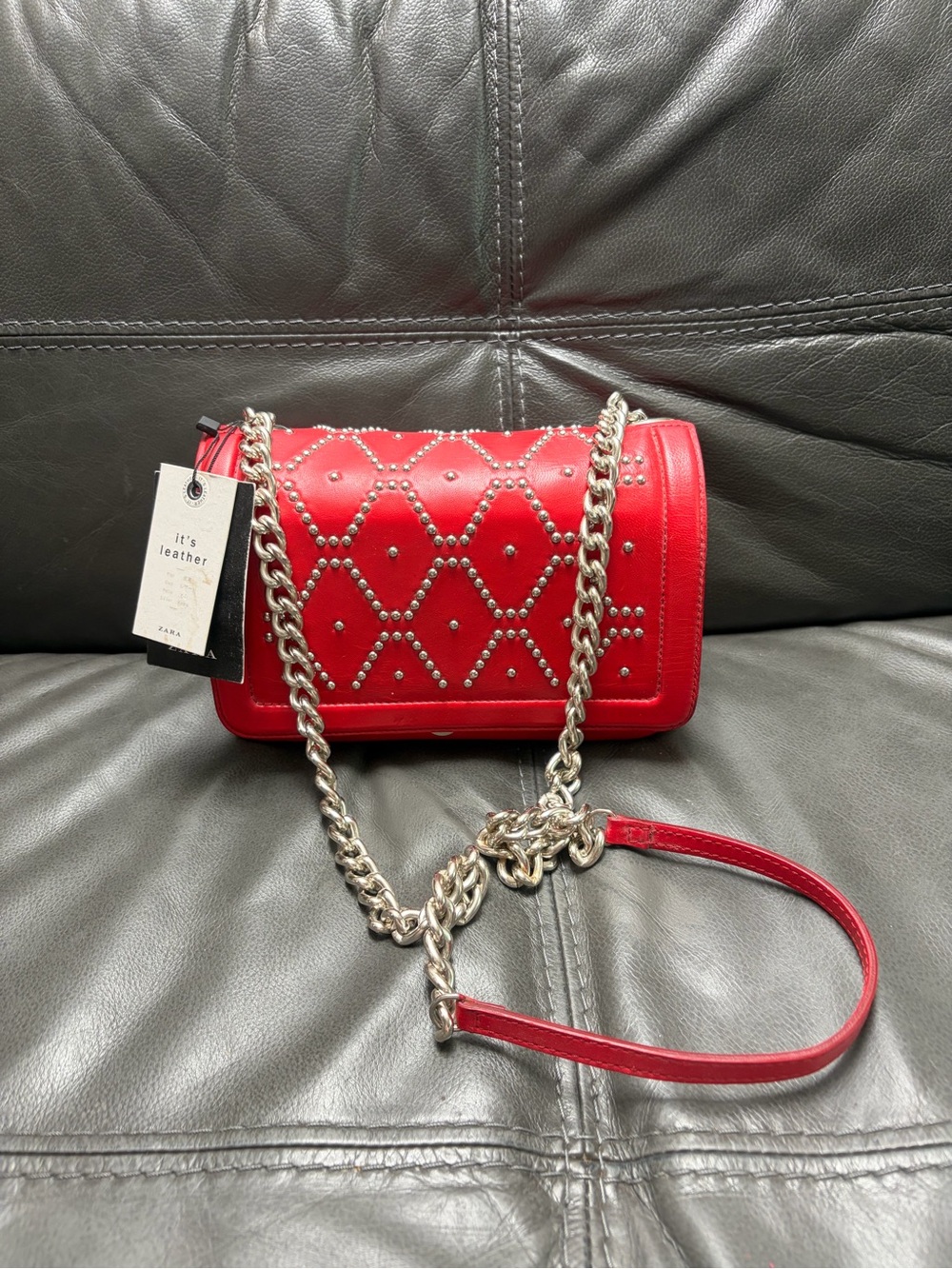 Zara Red Leather Quilted Studded Chain Crossbody Bag